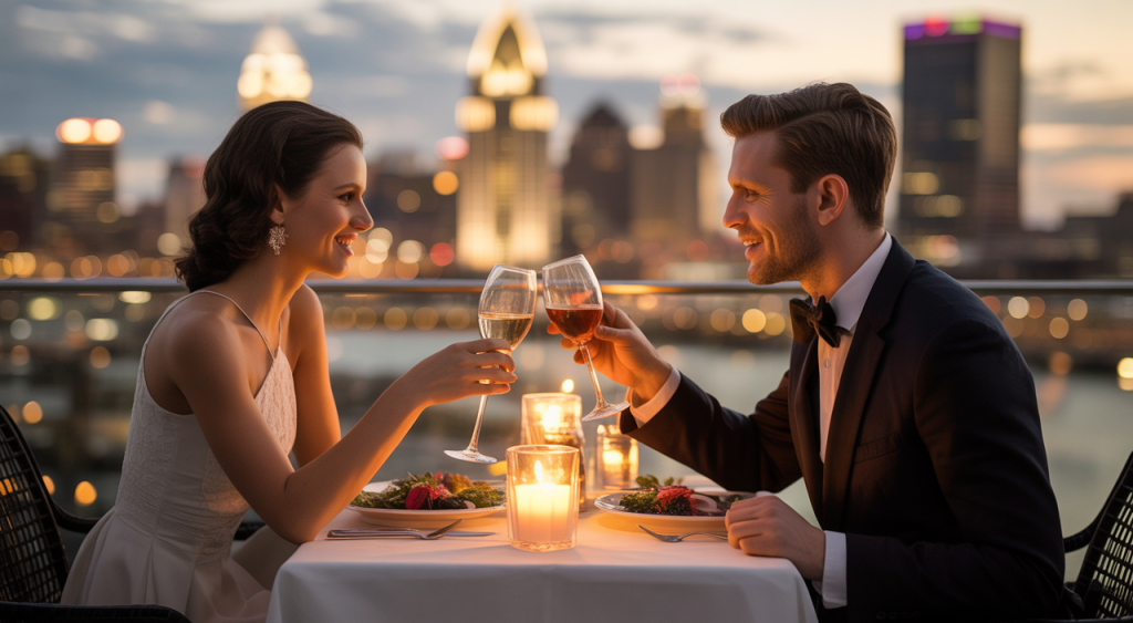 Sophisticated couple sharing a candlelit dinner overlooking the Cincinnati skyline, representing Perfect 12 elite matchmaking in Cincinnati